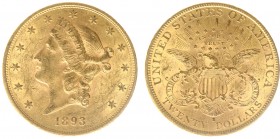 USA 20 Dollars (Double Eagle) 1893-S Liberty Head - 33.44g 0.900 fine - Obv. Liberty Head / Rev. Eagle and Shield, 'twenty dollars' below (KM 74.3 / F...