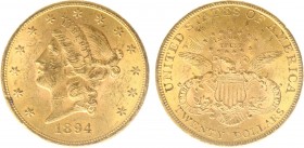 USA 20 Dollars (Double Eagle) 1894 Liberty Head - 33.44g 0.900 fine - Obv. Liberty Head / Rev. Eagle and Shield, 'twenty dollars' below (KM 74.3 / Fr....