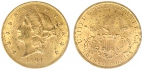 USA 20 Dollars (Double Eagle) 1894-S Liberty Head - 33.44g 0.900 fine - Obv. Liberty Head / Rev. Eagle and Shield, 'twenty dollars' below (KM 74.3 / F...