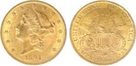USA 20 Dollars (Double Eagle) 1894-S Liberty Head - 33.44g 0.900 fine - Obv. Liberty Head / Rev. Eagle and Shield, 'twenty dollars' below (KM 74.3 / F...