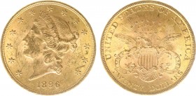 USA 20 Dollars (Double Eagle) 1896 Liberty Head - 33.44g 0.900 fine - Obv. Liberty Head / Rev. Eagle and Shield, 'twenty dollars' below (KM 74.3 / Fr....