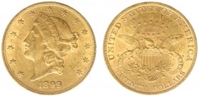 USA 20 Dollars (Double Eagle) 1899 Liberty Head - 33.44g 0.900 fine - Obv. Liberty Head / Rev. Eagle and Shield, 'twenty dollars' below (KM 74.3 / Fr....