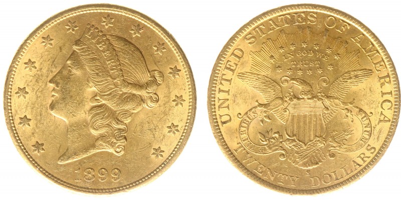 USA 20 Dollars (Double Eagle) 1899-S Liberty Head - 33.44g 0.900 fine - Obv. Lib...