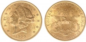 USA 20 Dollars (Double Eagle) 1900 Liberty Head - 33.44g 0.900 fine - Obv. Liberty Head / Rev. Eagle and Shield, 'twenty dollars' below (KM 74.3 / Fr....