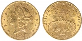 USA 20 Dollars (Double Eagle) 1902-S Liberty Head - 33.44g 0.900 fine - Obv. Liberty Head / Rev. Eagle and Shield, 'twenty dollars' below (KM 74.3 / F...