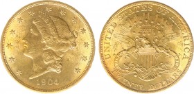 USA 20 Dollars (Double Eagle) 1904 Liberty Head - 33.44g 0.900 fine - Obv. Liberty Head / Rev. Eagle and Shield, 'twenty dollars' below (KM 74.3 / Fr....