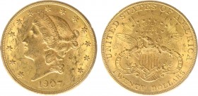 USA 20 Dollars (Double Eagle) 1907 Liberty Head - 33.44g 0.900 fine - Obv. Liberty Head / Rev. Eagle and Shield, 'twenty dollars' below (KM 74.3 / Fr....