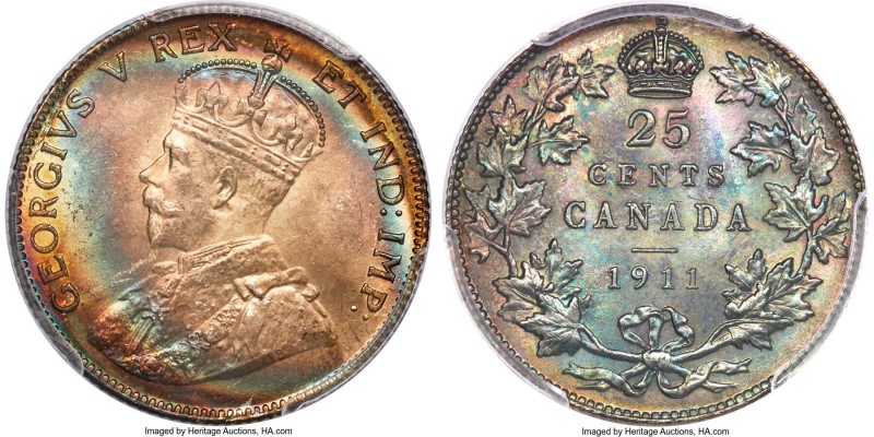 George V 25 Cents 1911 MS66 PCGS, Ottawa mint, KM18. Exceptionally colorful and ...