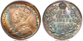 George V 25 Cents 1911 MS66 PCGS, Ottawa mint, KM18. Exceptionally colorful and marked by a pleasing undercurrent of peach tone to the obverse, while ...