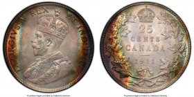 George V 25 Cents 1911 MS66 PCGS, Ottawa mint, KM18. Graced with a superb and penetrating peripheral iridescence, the surfaces serene, lustrous, and c...