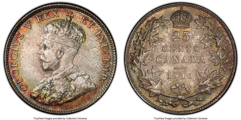 George V 25 Cents 1911 MS65 PCGS, Ottawa mint, KM18. Marvelously toned with autu...
