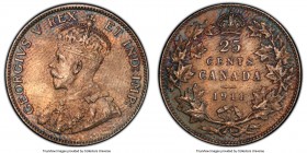 George V 25 Cents 1911 MS65 PCGS, Ottawa mint, KM18. Aquatic blues decorate the legends, while cartwheeling luster highlights a quality of preservatio...