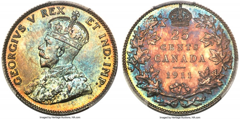 George V Specimen 25 Cents 1911 SP64 PCGS, Ottawa mint, KM18. A strikingly sharp...