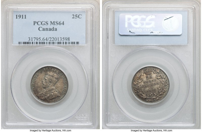 George V 25 Cents 1911 MS64 PCGS, Ottawa mint, KM18. Well kept and revealing a s...