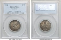 George V 25 Cents 1911 MS64 PCGS, Ottawa mint, KM18. Well kept and revealing a speckled surface tone over an undercurrent of russet coloration. 

HID0...
