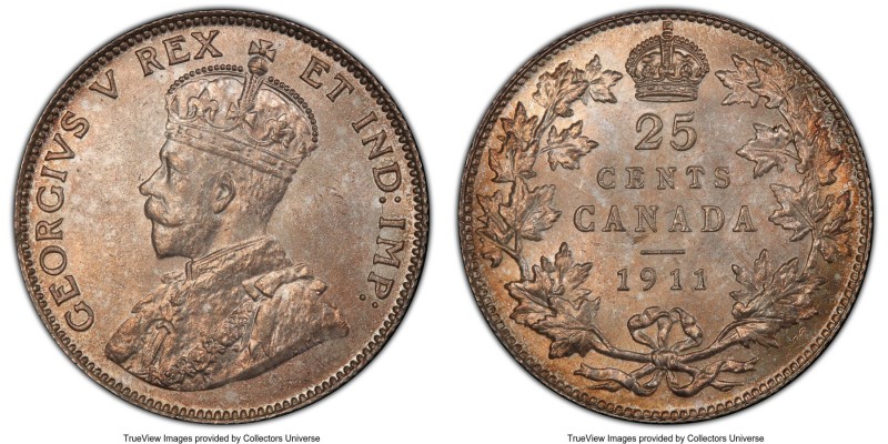 George V 25 Cents 1911 MS64 PCGS, Ottawa mint, KM18. Lightly toned across satiny...