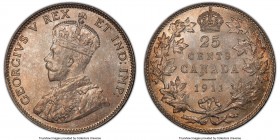 George V 25 Cents 1911 MS64 PCGS, Ottawa mint, KM18. Lightly toned across satiny surfaces, with red-brown coloration enhancing the reverse periphery. ...