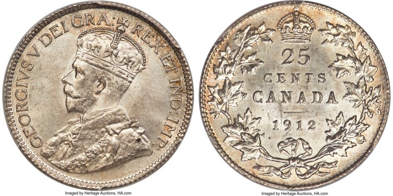 George V 25 Cents 1912 MS65 PCGS, Ottawa mint, KM24. Veiled in a fetching silver...