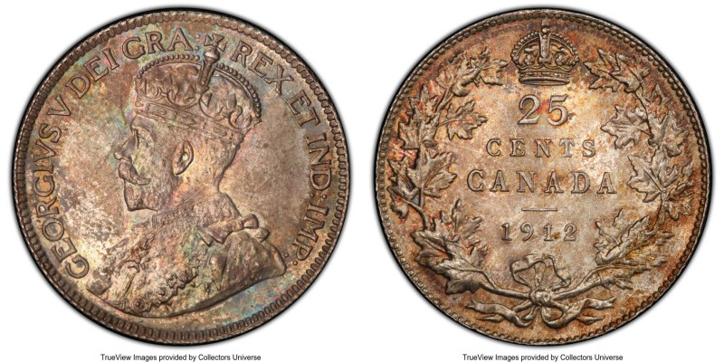 George V 25 Cents 1912 MS64 PCGS, Ottawa mint, KM24. Endowed with subtle pastel ...