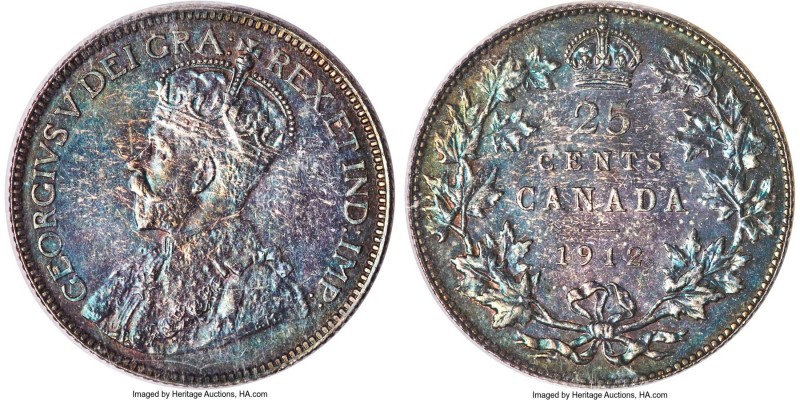George V 25 Cents 1912 MS64 ICCS, Ottawa mint, KM24. Deeply toned in midnight bl...
