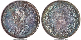 George V 25 Cents 1912 MS64 ICCS, Ottawa mint, KM24. Deeply toned in midnight blue and sea green, underlying luster evident throughout. 

HID098012420...