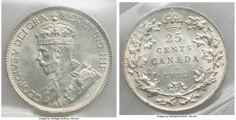 George V 25 Cents 1912 MS64 ICCS, Ottawa mint, KM24. Visually impressive and mar...