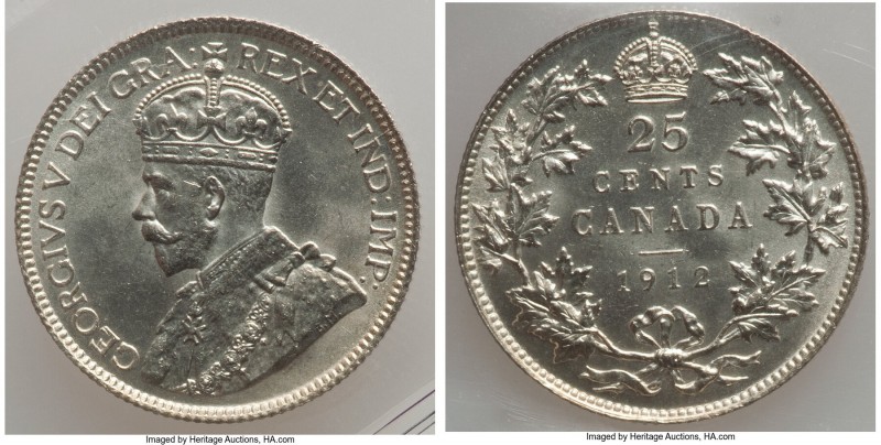 George V 25 Cents 1912 MS64 ICCS, Ottawa mint, KM24. A gleaming near-gem example...