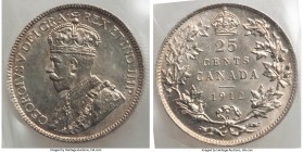 George V 25 Cents 1912 MS64 ICCS, Ottawa mint, KM24. A gleaming offering displaying ample luster and light instances of wispy friction that limit the ...