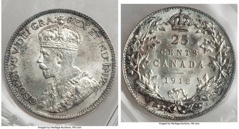 George V 25 Cents 1912 MS64 ICCS, Ottawa mint, KM24. A markedly original selecti...