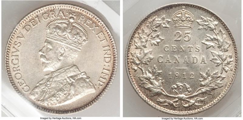 George V 25 Cents 1912 MS62 ICCS, Ottawa mint, KM24. Lustrous and sharp, a subtl...