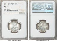 George V 25 Cents 1913 MS65 NGC, Ottawa mint, KM24. Utterly sharp and marked by glowing argent luster across a nearly pristine obverse surface. Tied f...