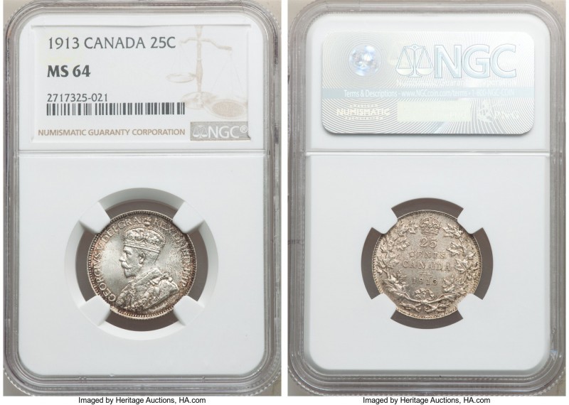 George V 25 Cents 1913 MS64 NGC, Ottawa mint, KM24. Speckled in graphite and rus...
