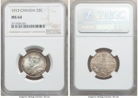 George V 25 Cents 1913 MS64 NGC, Ottawa mint, KM24. Speckled in graphite and russet against surfaces carrying voluminous cartwheel luster. 

HID098012...