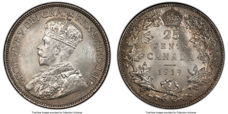 George V 25 Cents 1913 MS64 PCGS, Ottawa mint, KM24. Covered in a visually appea...