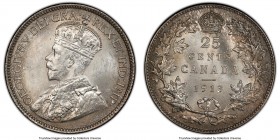 George V 25 Cents 1913 MS64 PCGS, Ottawa mint, KM24. Covered in a visually appealing ice-like frost and marked by a praiseworthy cartwheel effect. 

H...