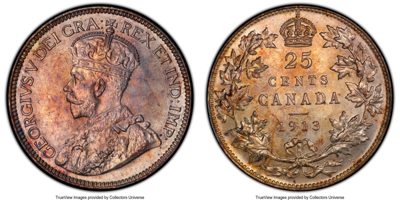 George V 25 Cents 1913 MS64 PCGS, Ottawa mint, KM24. Enhanced by a luxurious lil...