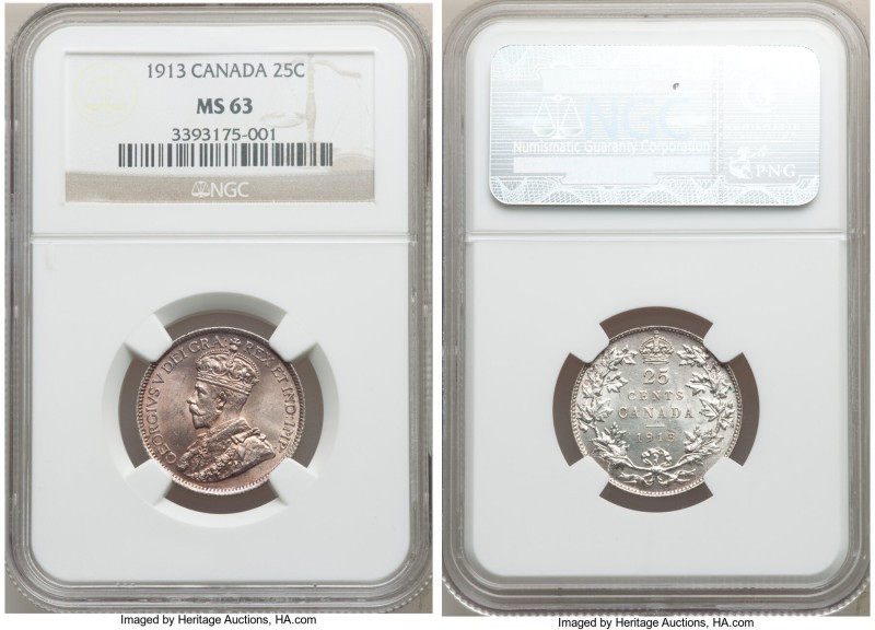 George V 25 Cents 1913 MS63 NGC, Ottawa mint, KM24. Merlot toned to the obverse,...