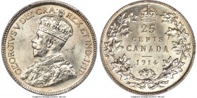 George V 25 Cents 1914 MS65 PCGS, Ottawa mint, KM24. A glowing gem example of this conditionally challenging date. Lustrous throughout and exhibiting ...