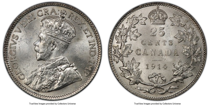 George V 25 Cents 1914 MS64+ PCGS, Ottawa mint, KM24. Blazing luster defines the...