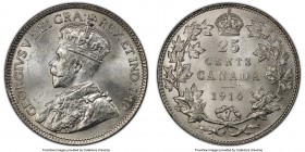 George V 25 Cents 1914 MS64+ PCGS, Ottawa mint, KM24. Blazing luster defines the presentation of this appealing near-gem specimen. Only the faintest t...