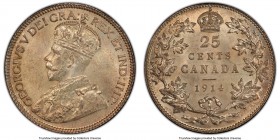 George V 25 Cents 1914 MS64 PCGS, Ottawa mint, KM24. Decorated in almond and subtle touches of pale gold, this highly original example reveals only th...