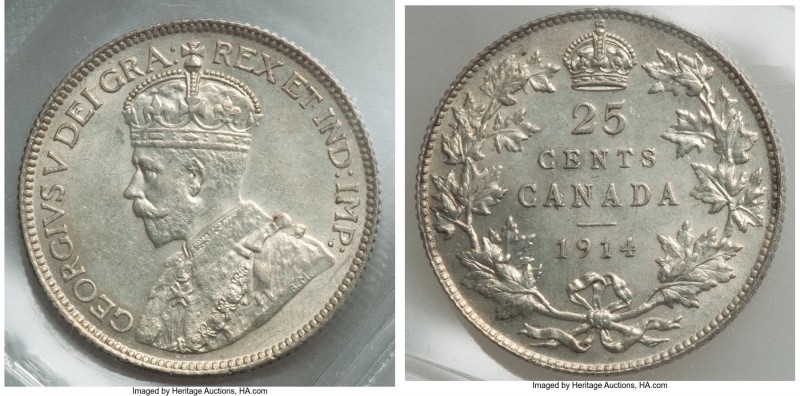George V 25 Cents 1914 MS62 ICCS, Ottawa mint, KM24. Lightly toned and fully Min...