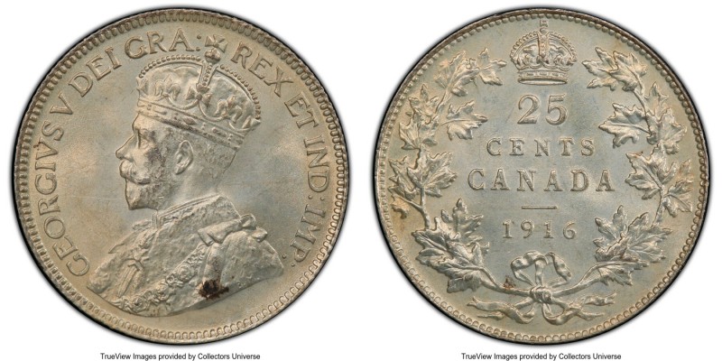 George V 25 Cents 1916 MS65 PCGS, Ottawa mint, KM24. A pearlescent gem that push...