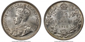 George V 25 Cents 1916 MS65 PCGS, Ottawa mint, KM24. Shimmering luster ignites the surfaces of this indisputable gem in an entrancing cartwheel effect...