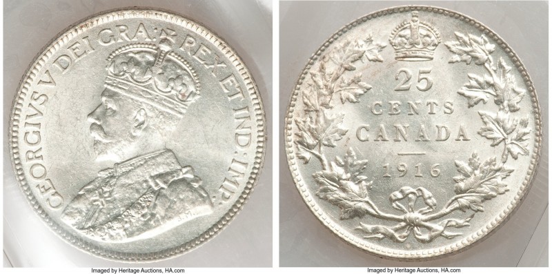 George V 25 Cents 1916 MS62 ICCS, Ottawa mint, KM24. A glowing uncirculated repr...