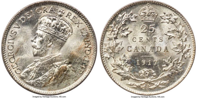 George V 25 Cents 1917 MS65 ICCS, Ottawa mint, KM24. Mesmerizingly lustrous and ...