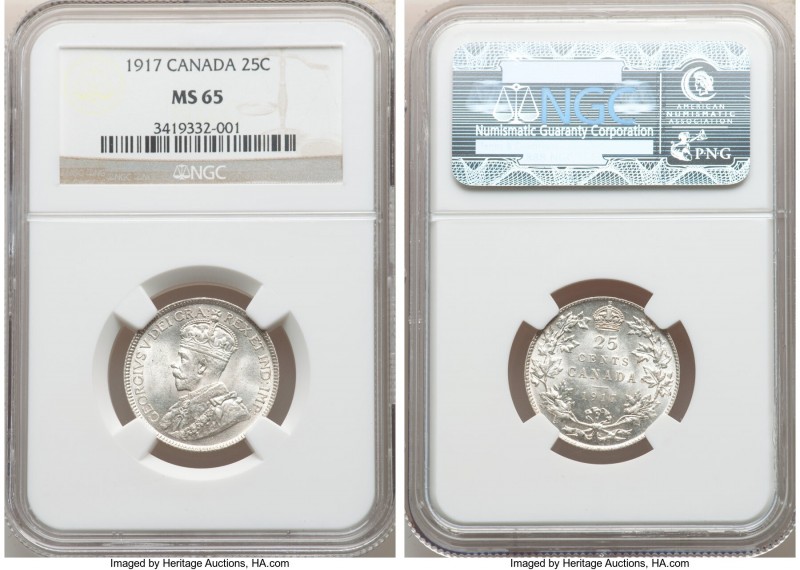 George V 25 Cents 1917 MS65 NGC, Ottawa mint, KM24. A superb gem whose surfaces ...