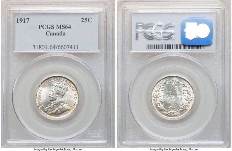 George V 25 Cents 1917 MS64 PCGS, Ottawa mint, KM24. Bordering closely to gem, t...