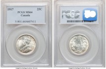 George V 25 Cents 1917 MS64 PCGS, Ottawa mint, KM24. Bordering closely to gem, this glistening specimen reveals a rich display of wheeling argent lust...
