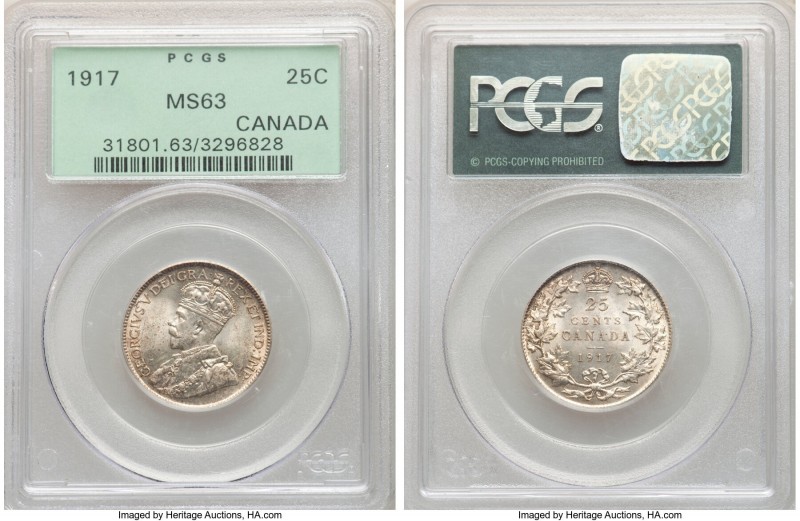 George V 25 Cents 1917 MS63 PCGS, Ottawa mint, KM24. Graced with a light speckli...